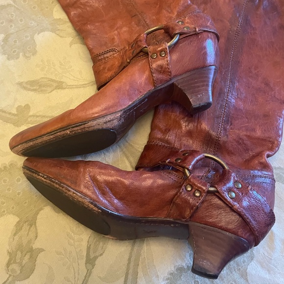 Frye Steffi Harness Crinkled Leather Moto Knee High Tall Kitten Heel Boots 6.5 - Picture 15 of 16